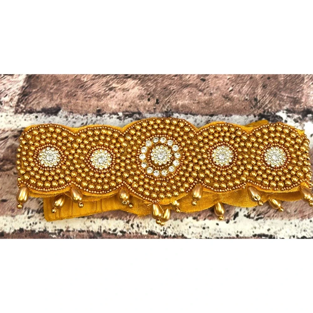 Gold Beaded Rhinestone Scalloped Elastic Waist Belt Ethnic Kamarband Statement